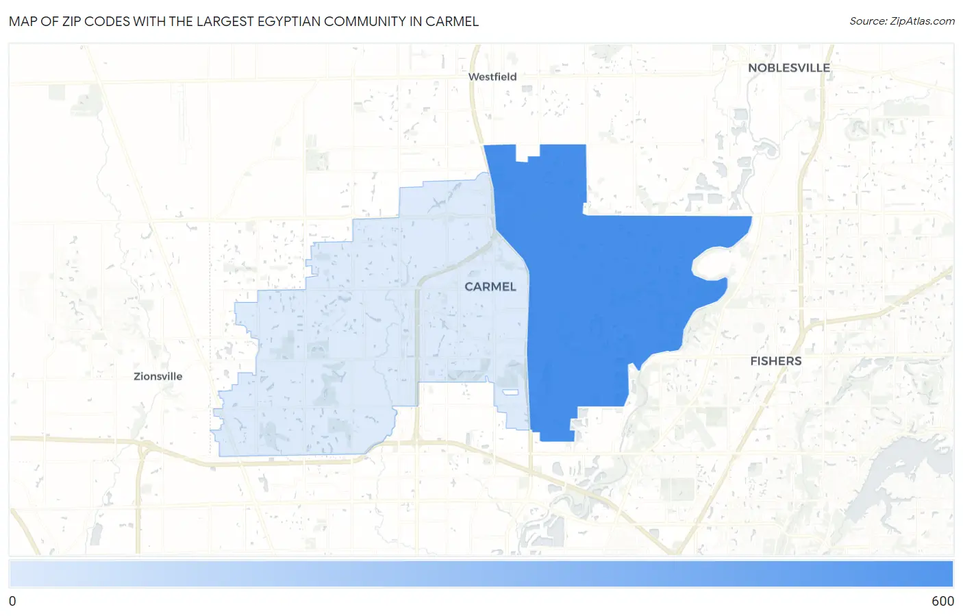 Zip Codes with the Largest Egyptian Community in Carmel Map