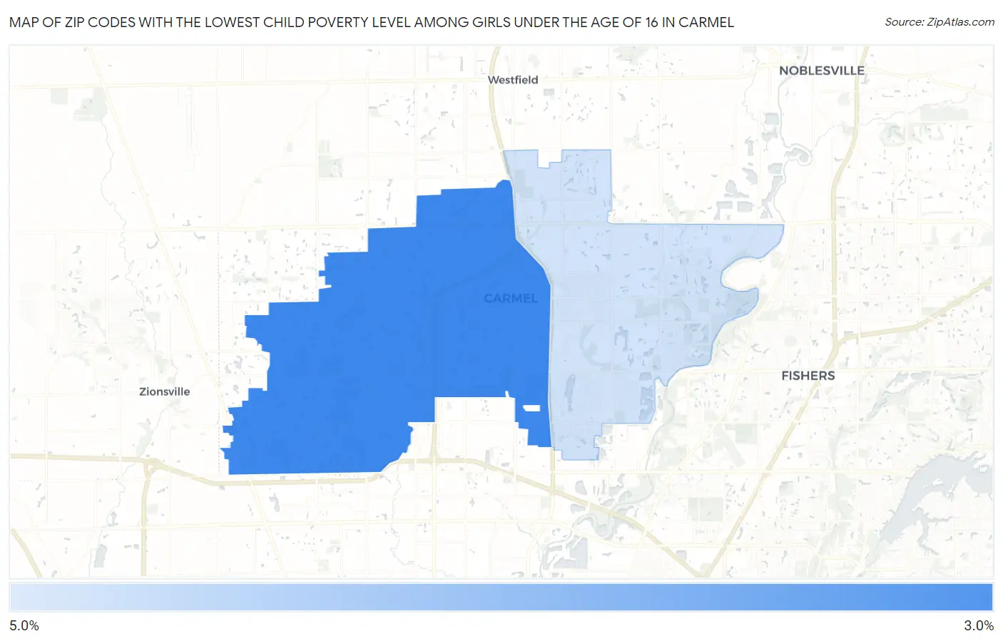 Zip Codes with the Lowest Child Poverty Level Among Girls Under the Age of 16 in Carmel Map