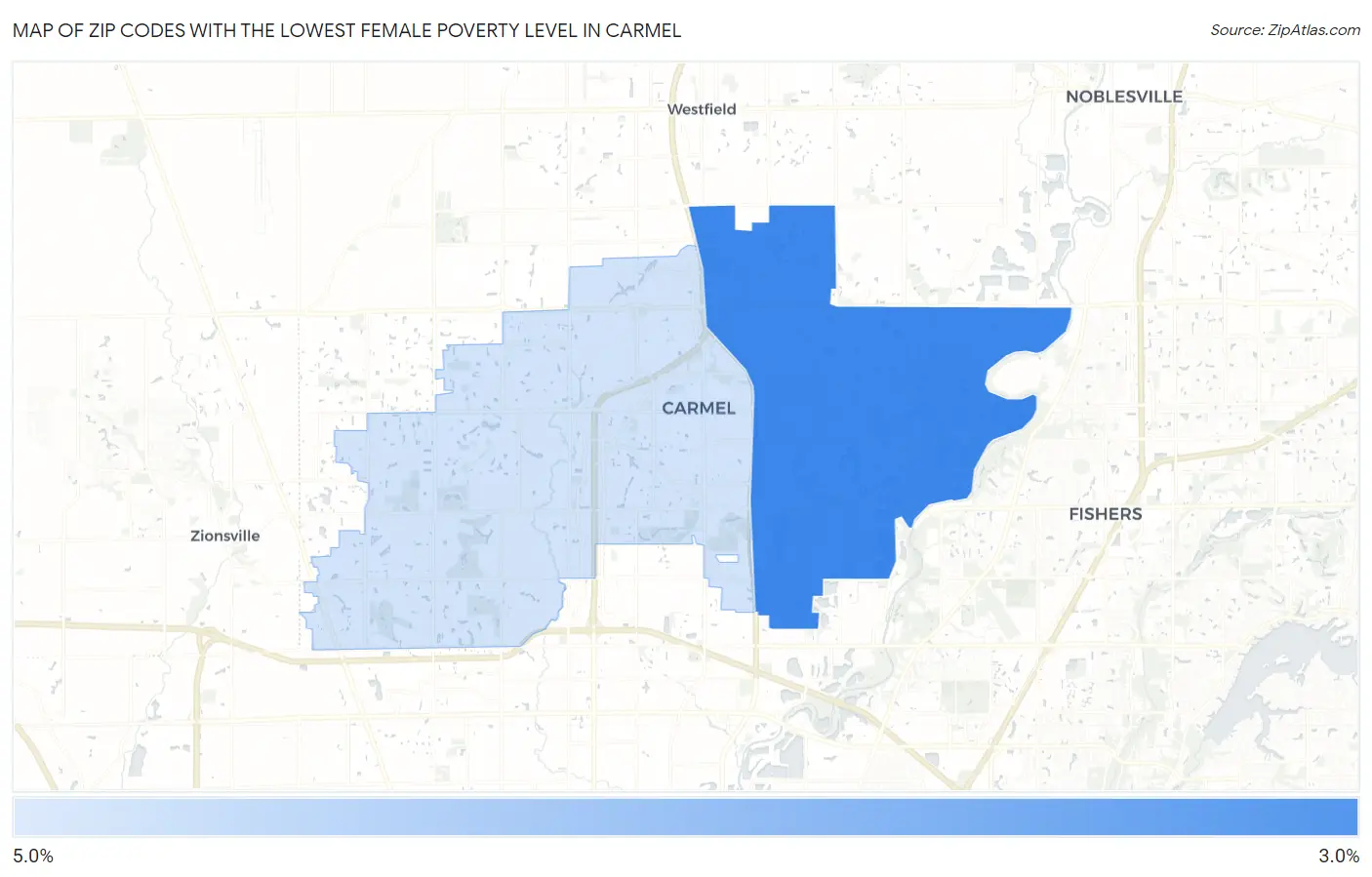 Zip Codes with the Lowest Female Poverty Level in Carmel Map