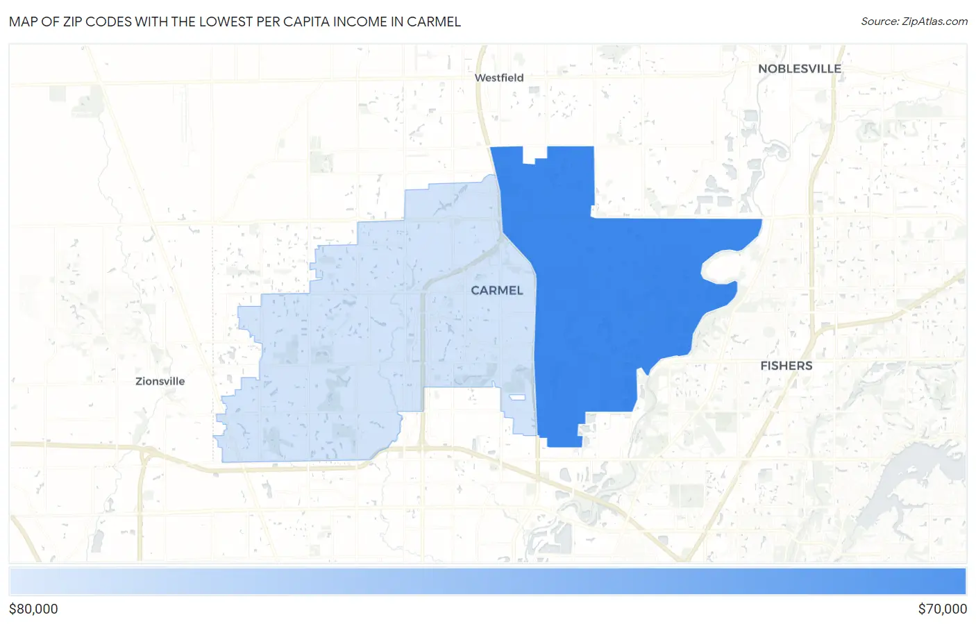 Zip Codes with the Lowest Per Capita Income in Carmel Map