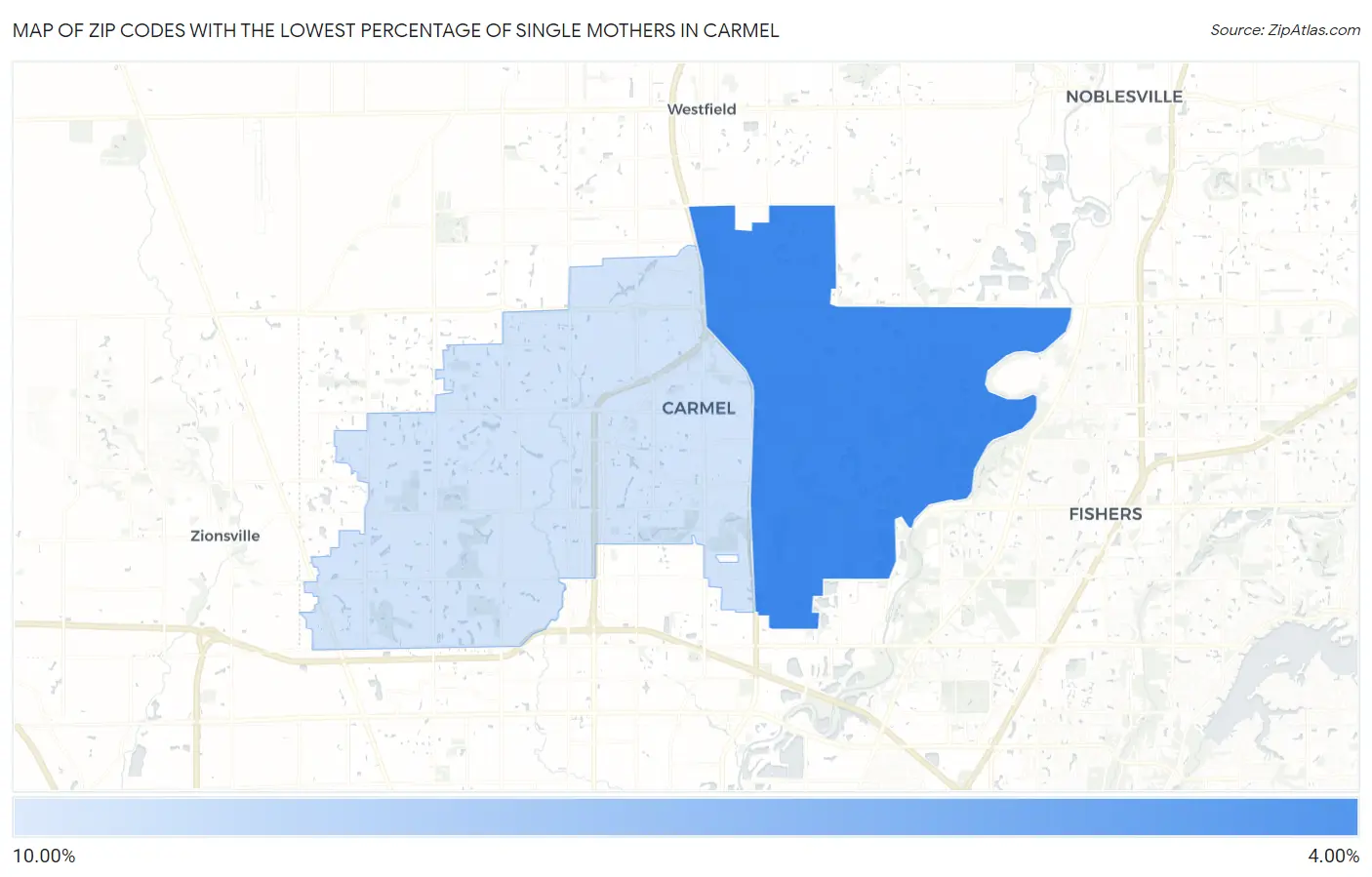 Zip Codes with the Lowest Percentage of Single Mothers in Carmel Map