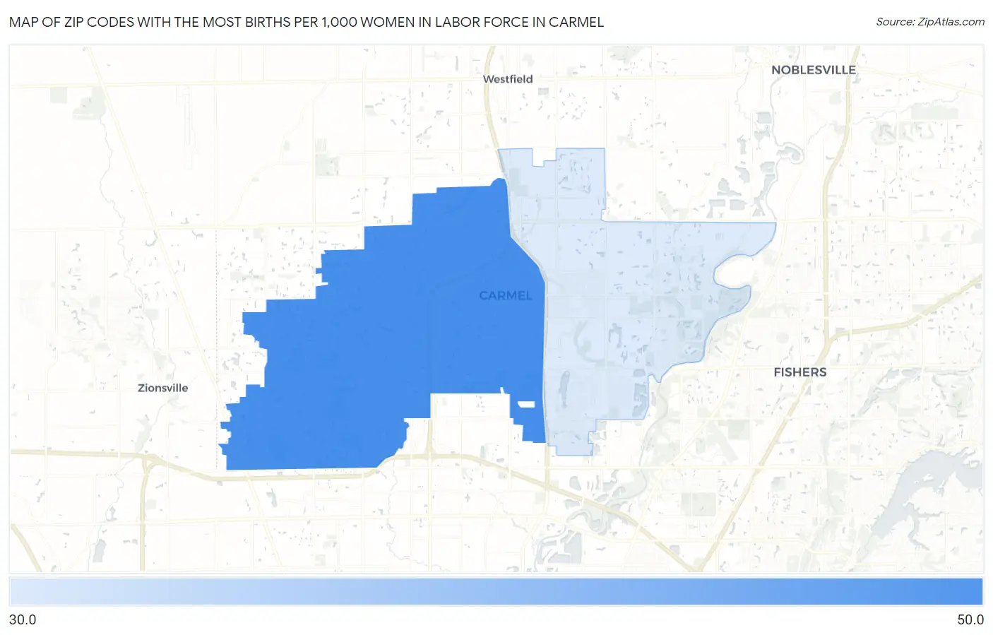 Zip Codes with the Most Births per 1,000 Women in Labor Force in Carmel Map