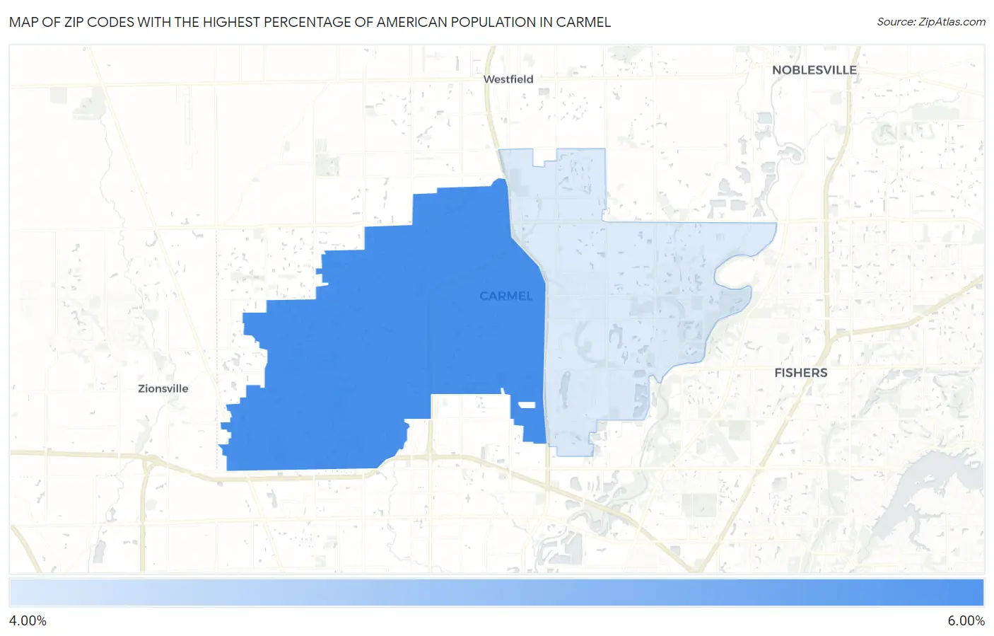 Zip Codes with the Highest Percentage of American Population in Carmel Map