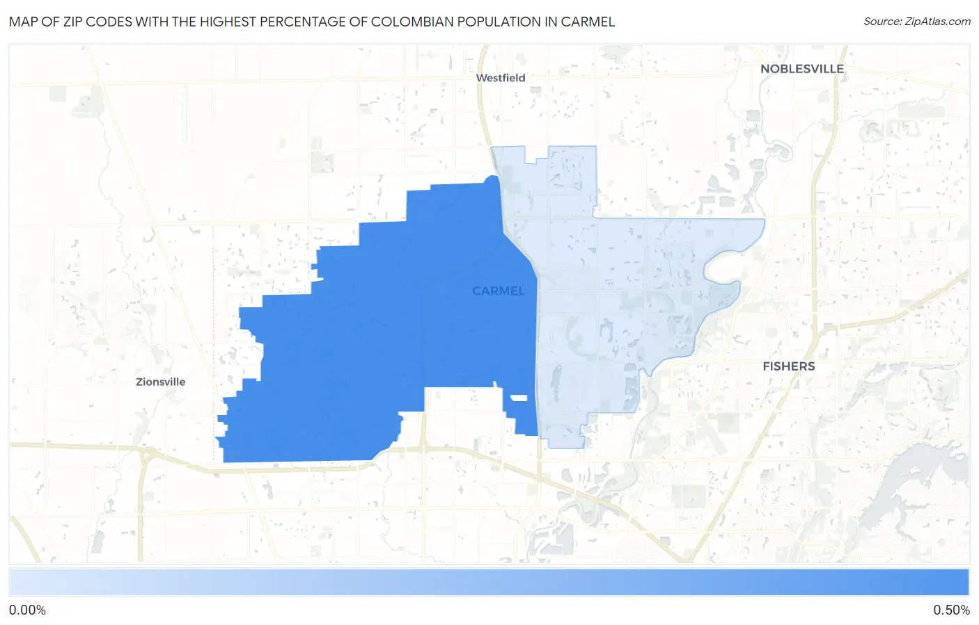 Zip Codes with the Highest Percentage of Colombian Population in Carmel Map
