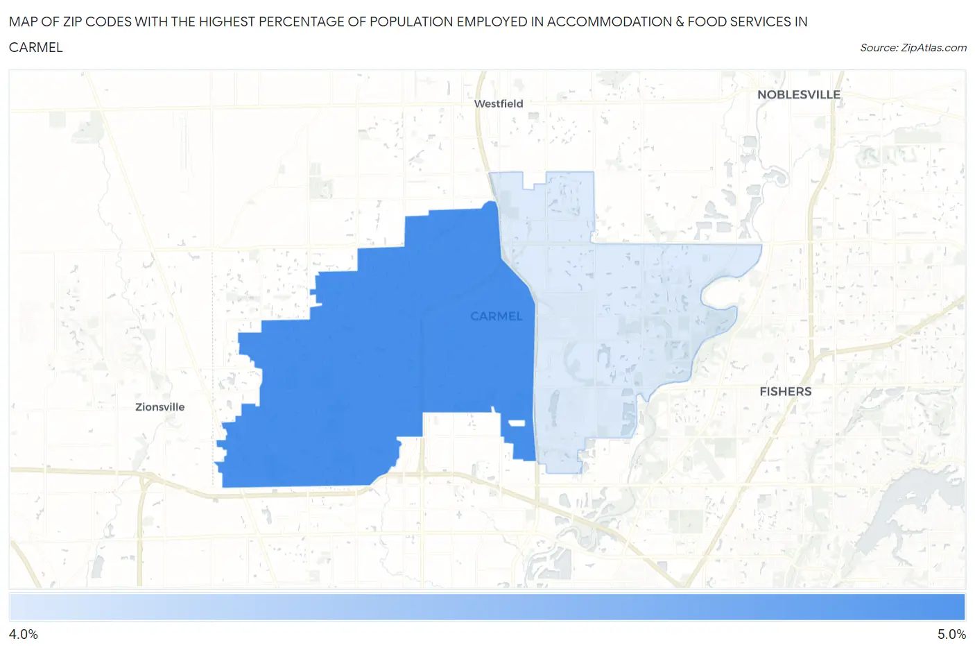 Zip Codes with the Highest Percentage of Population Employed in Accommodation & Food Services in Carmel Map