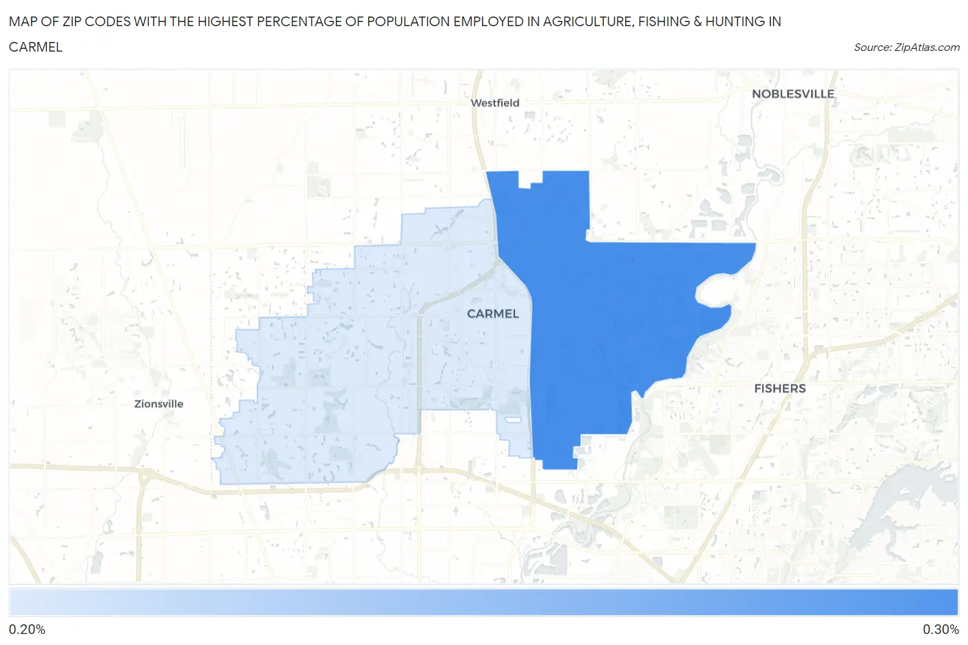 Zip Codes with the Highest Percentage of Population Employed in Agriculture, Fishing & Hunting in Carmel Map