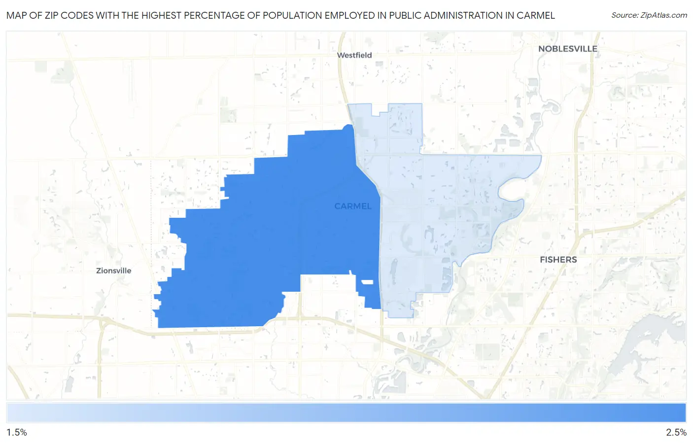 Zip Codes with the Highest Percentage of Population Employed in Public Administration in Carmel Map