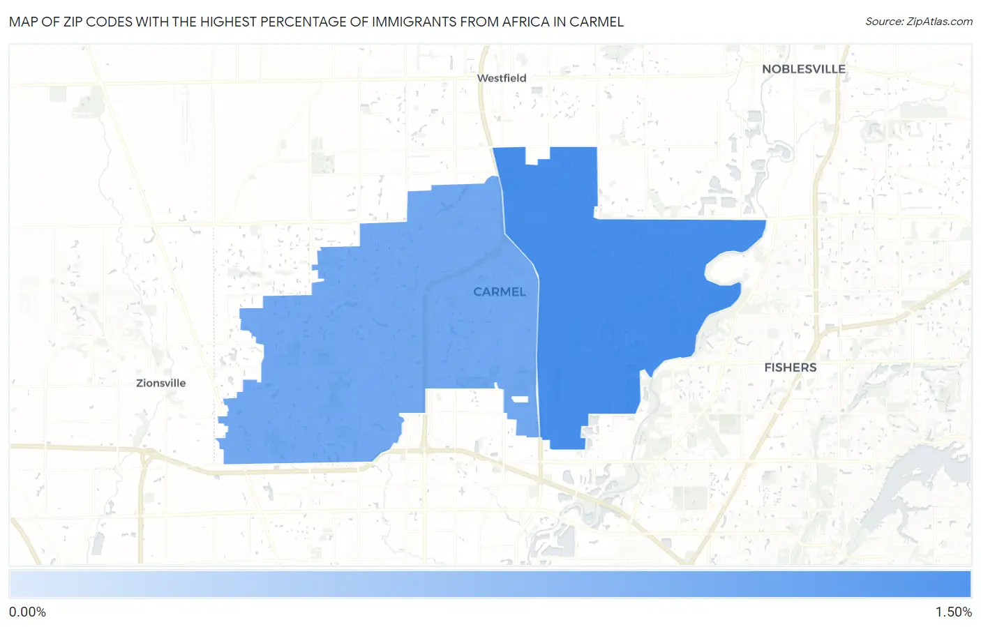 Zip Codes with the Highest Percentage of Immigrants from Africa in Carmel Map