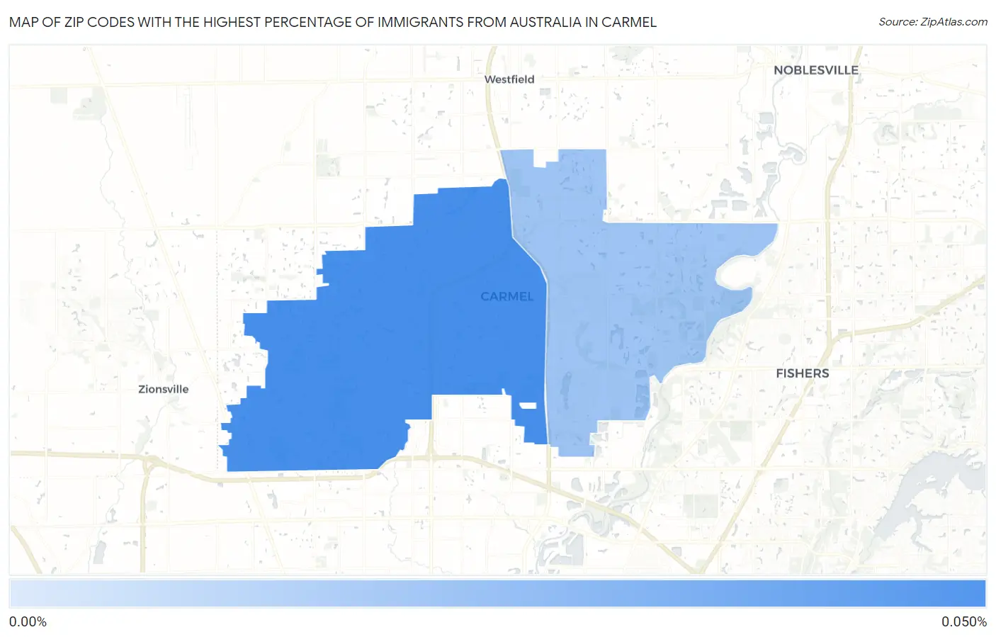 Zip Codes with the Highest Percentage of Immigrants from Australia in Carmel Map