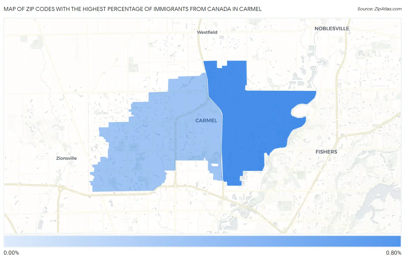 Zip Codes with the Highest Percentage of Immigrants from Canada in Carmel Map