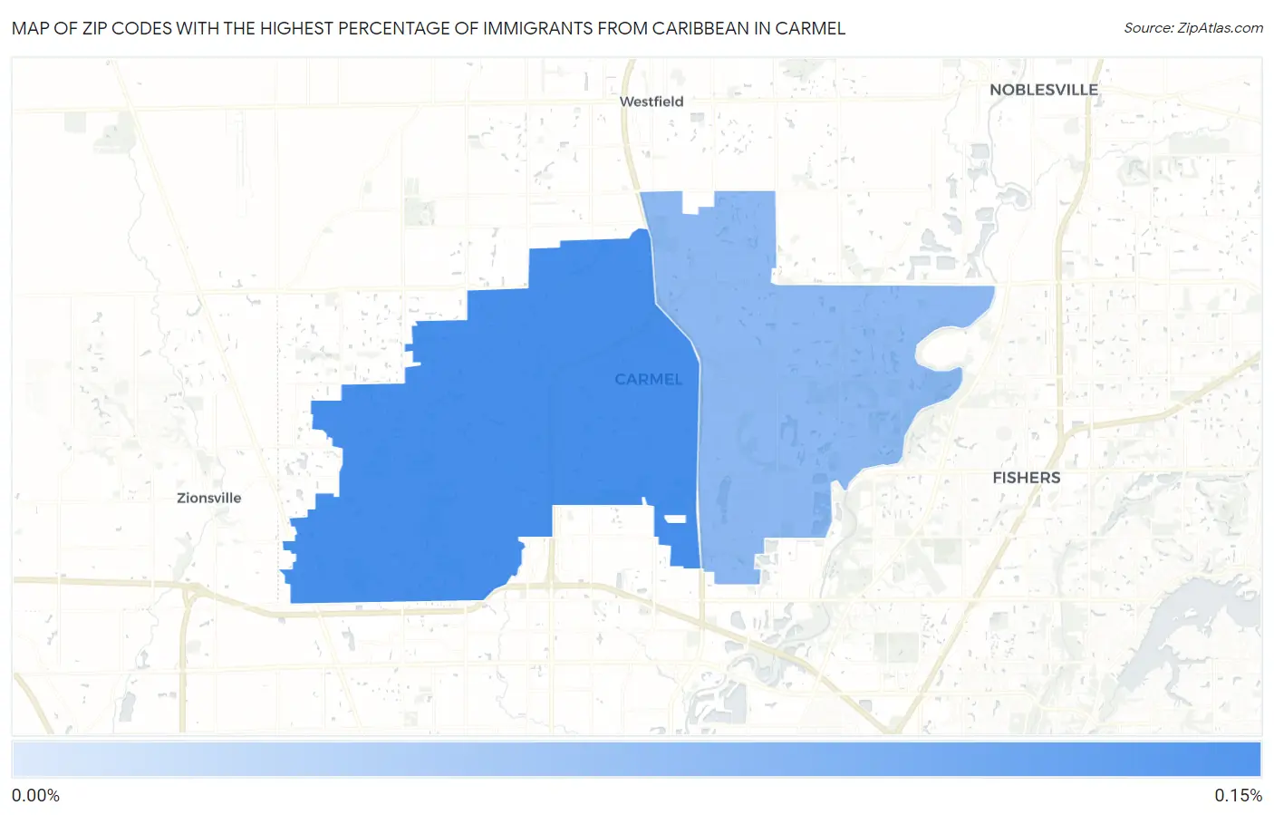 Zip Codes with the Highest Percentage of Immigrants from Caribbean in Carmel Map
