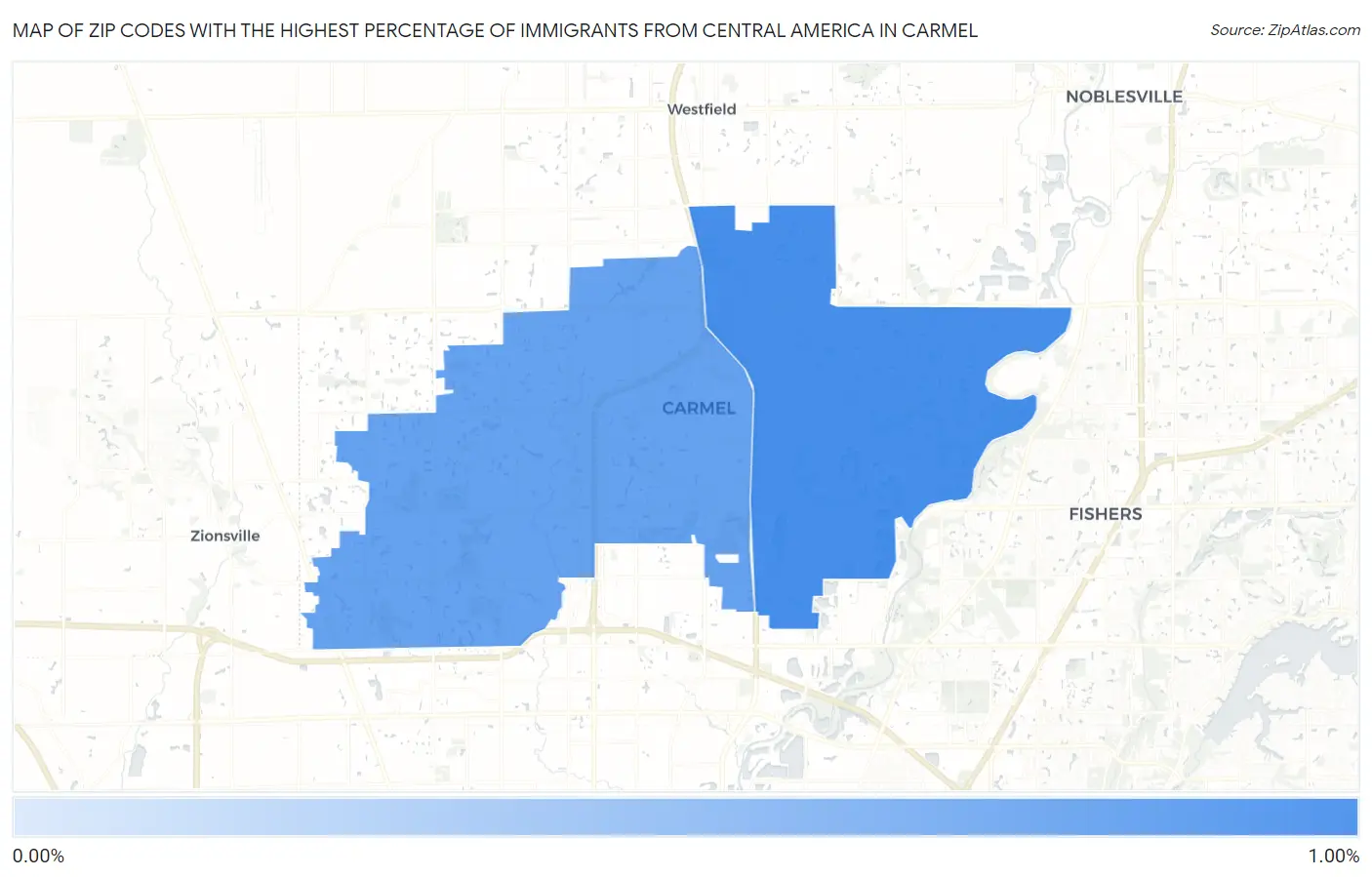 Zip Codes with the Highest Percentage of Immigrants from Central America in Carmel Map