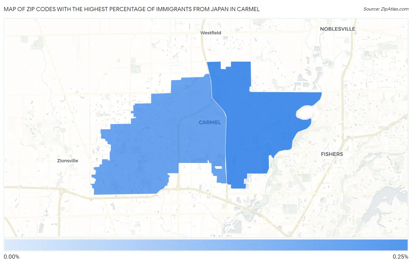 Zip Codes with the Highest Percentage of Immigrants from Japan in Carmel Map