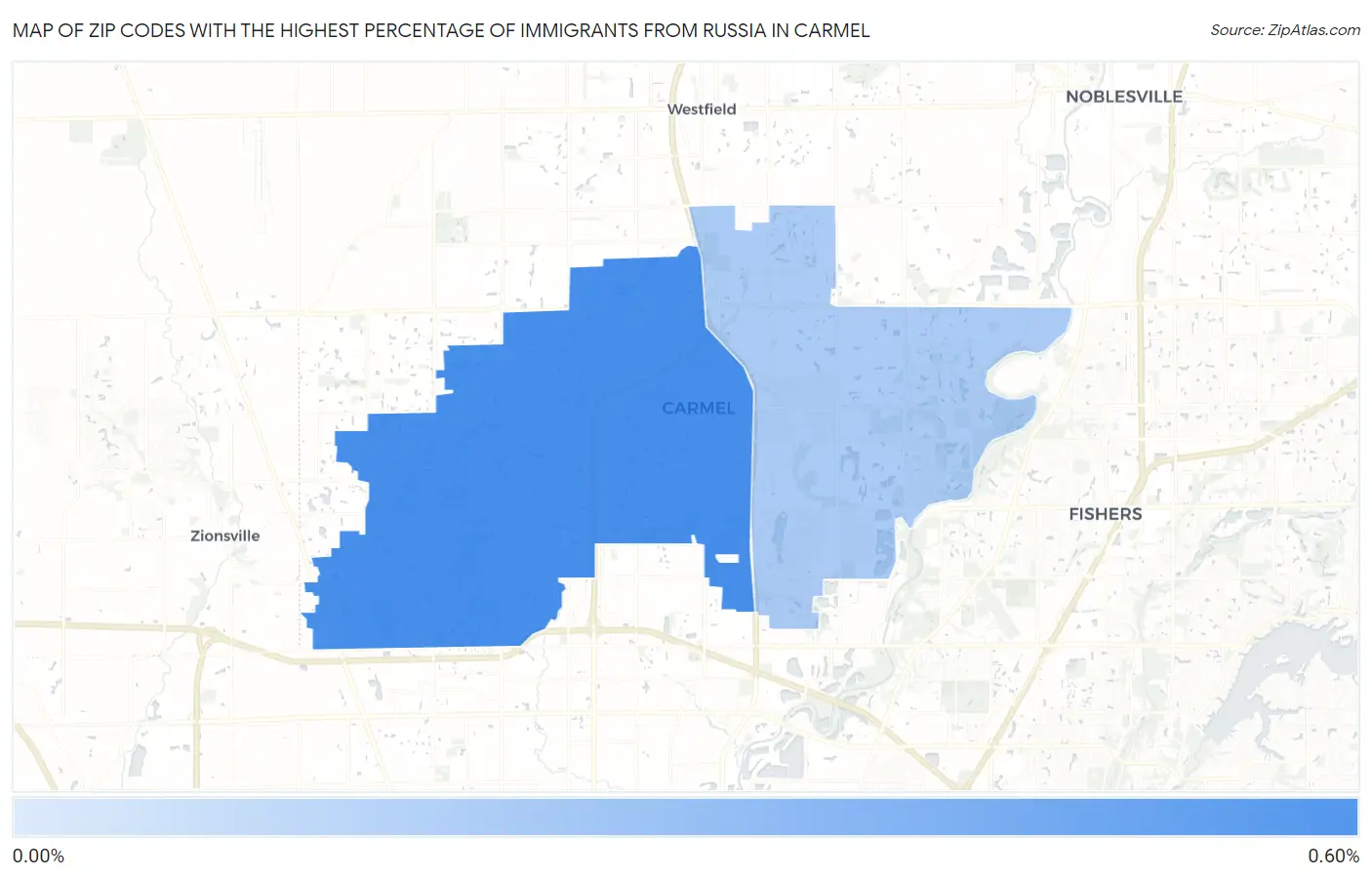 Zip Codes with the Highest Percentage of Immigrants from Russia in Carmel Map