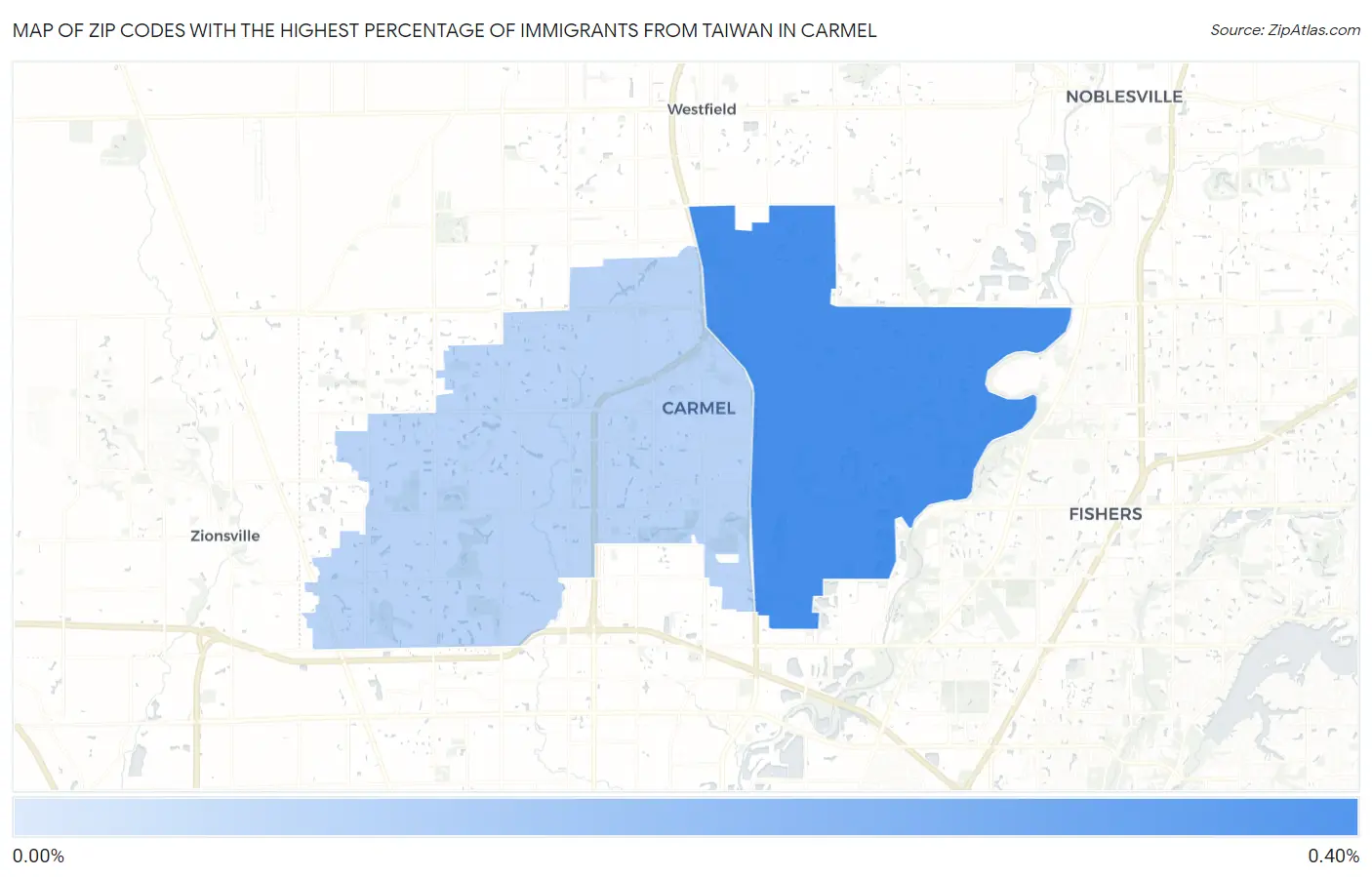 Zip Codes with the Highest Percentage of Immigrants from Taiwan in Carmel Map