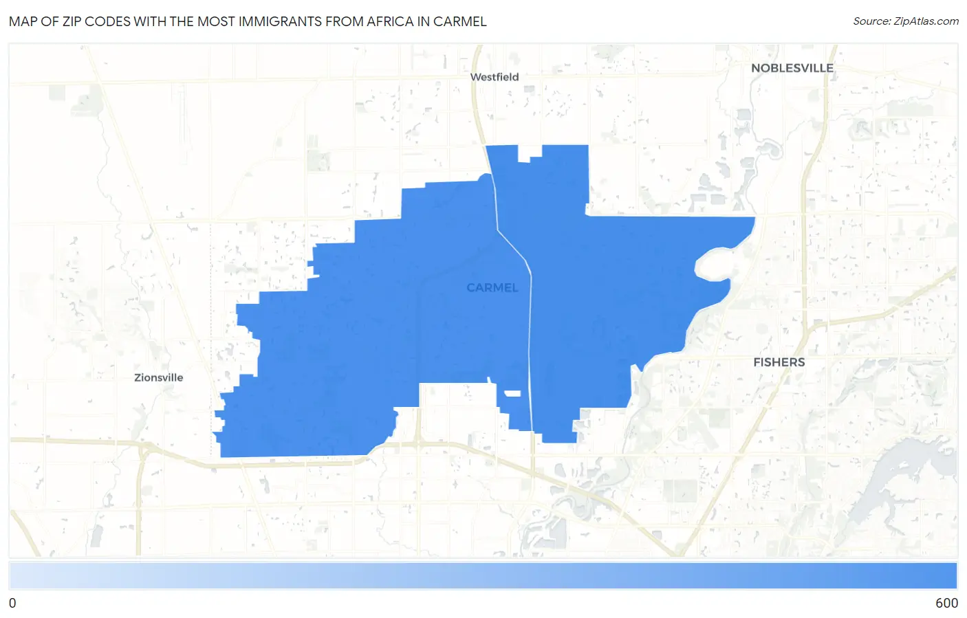 Zip Codes with the Most Immigrants from Africa in Carmel Map