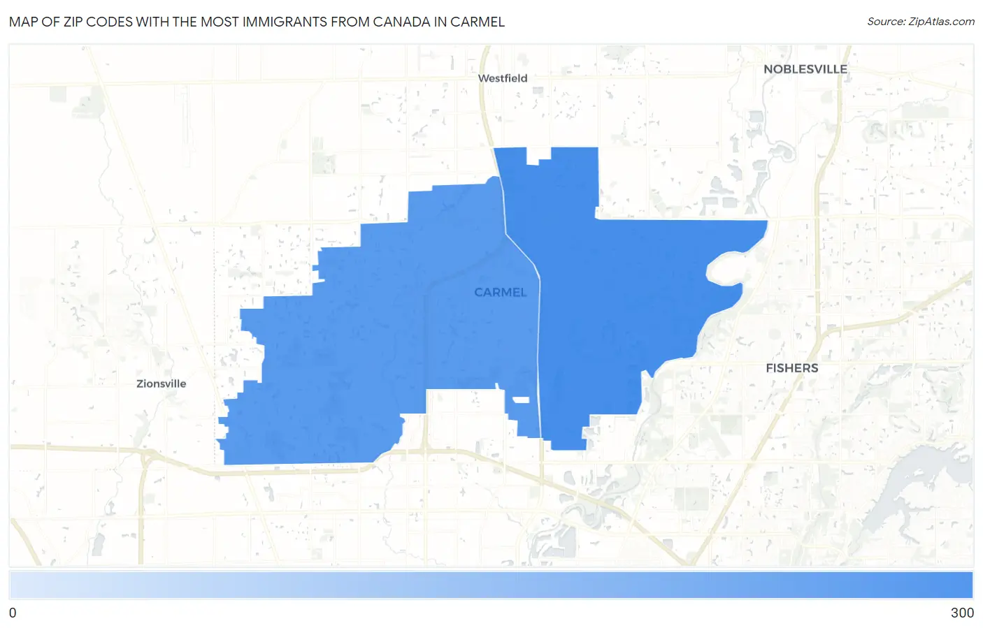Zip Codes with the Most Immigrants from Canada in Carmel Map