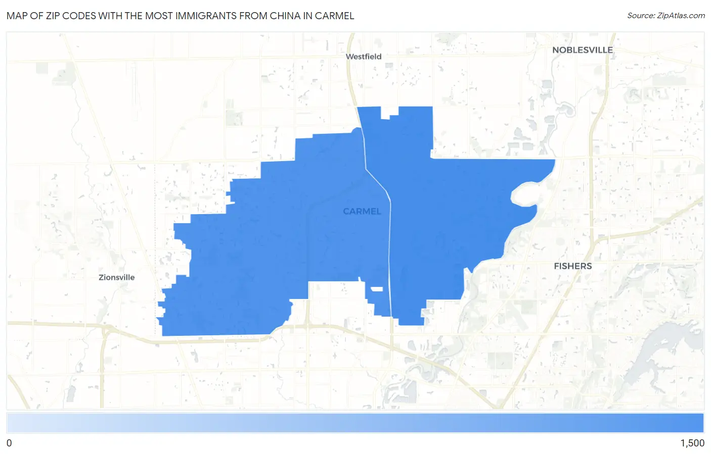 Zip Codes with the Most Immigrants from China in Carmel Map