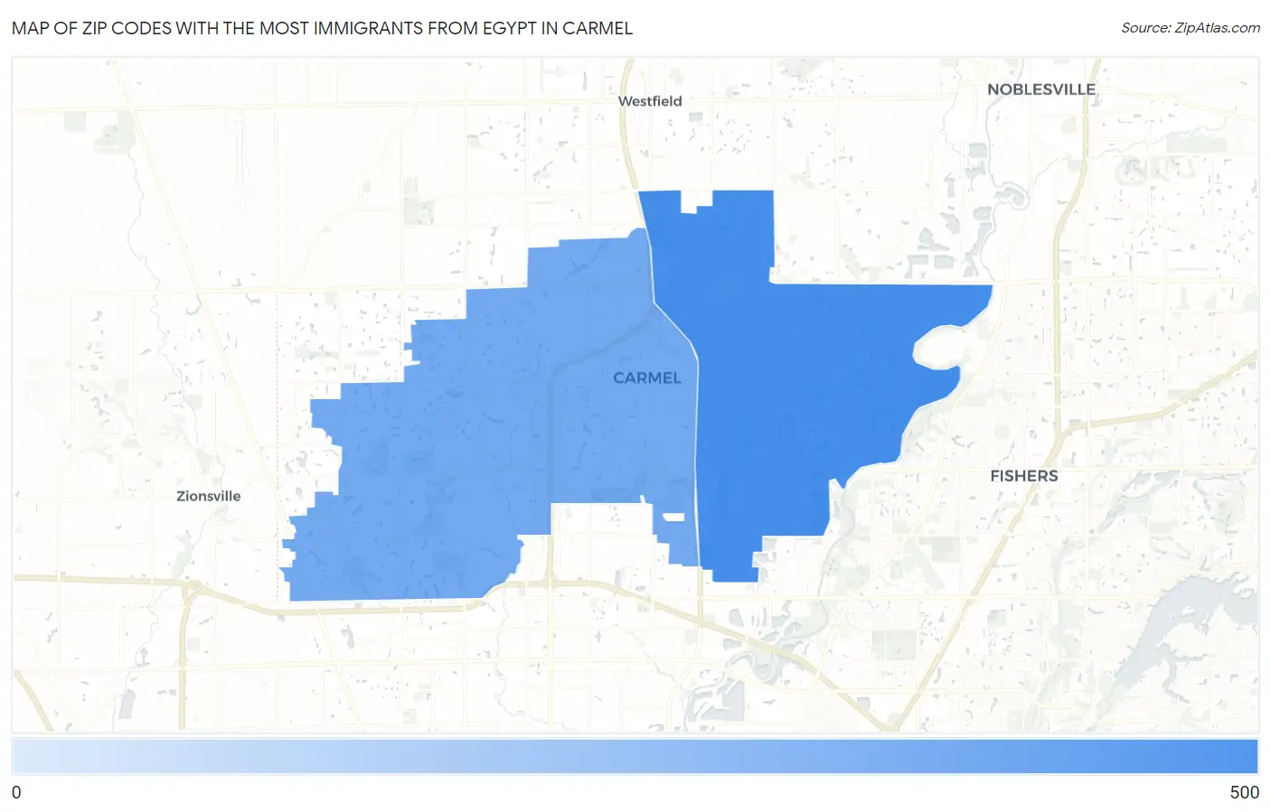 Zip Codes with the Most Immigrants from Egypt in Carmel Map