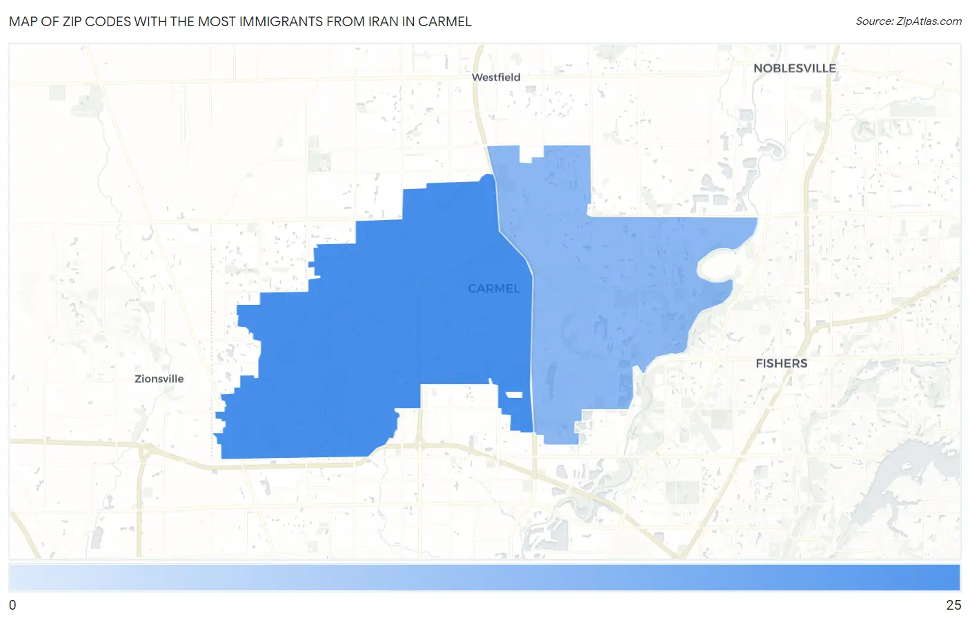 Zip Codes with the Most Immigrants from Iran in Carmel Map