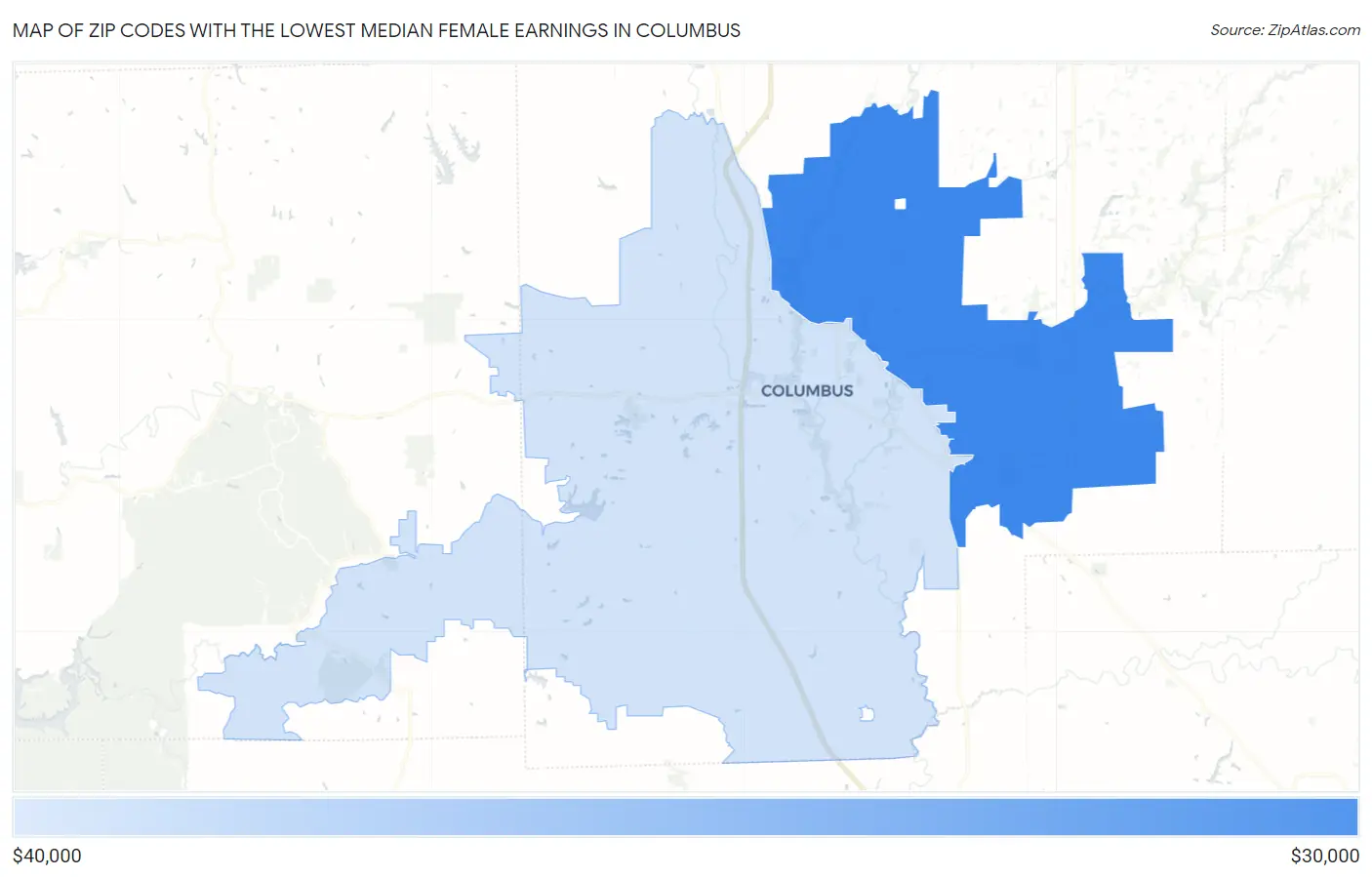 Zip Codes with the Lowest Median Female Earnings in Columbus Map