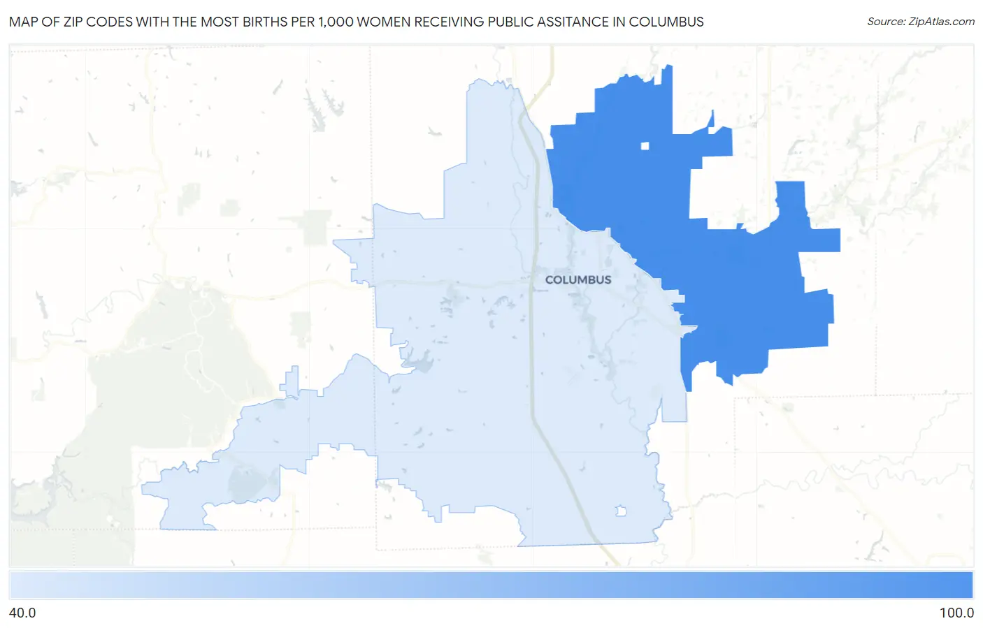 Zip Codes with the Most Births per 1,000 Women Receiving Public Assitance in Columbus Map