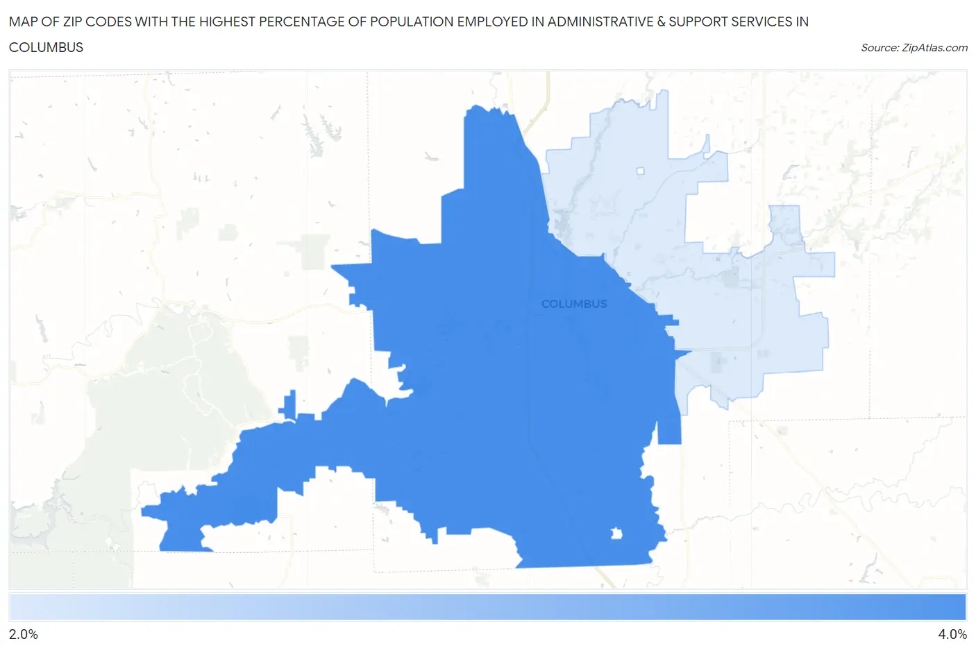 Zip Codes with the Highest Percentage of Population Employed in Administrative & Support Services in Columbus Map