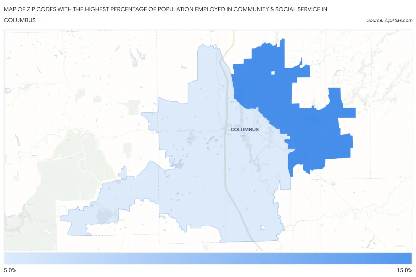 Zip Codes with the Highest Percentage of Population Employed in Community & Social Service  in Columbus Map
