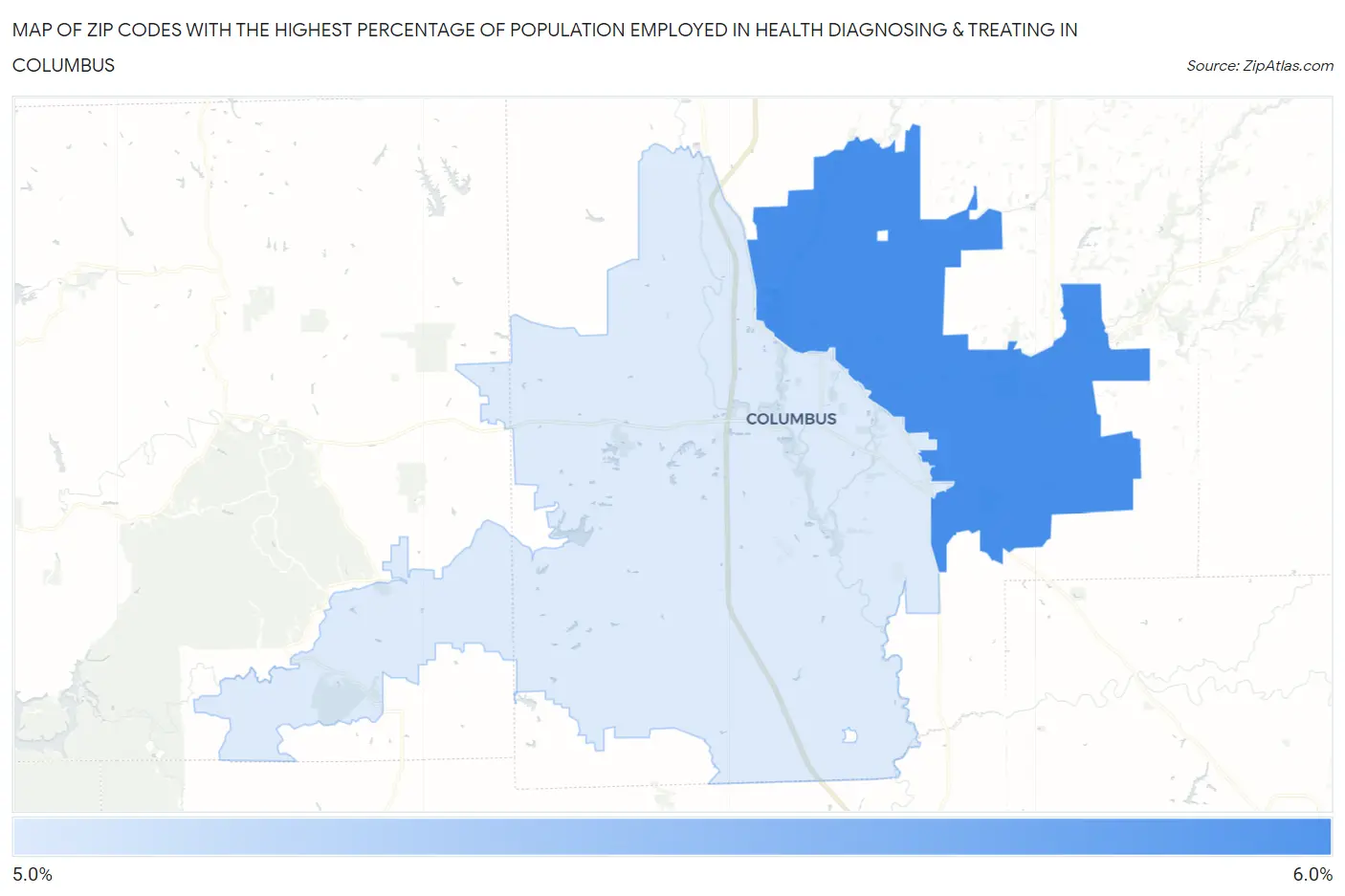 Zip Codes with the Highest Percentage of Population Employed in Health Diagnosing & Treating in Columbus Map