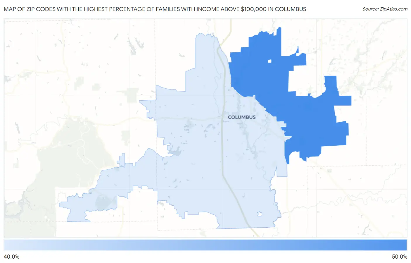 Zip Codes with the Highest Percentage of Families with Income Above $100,000 in Columbus Map