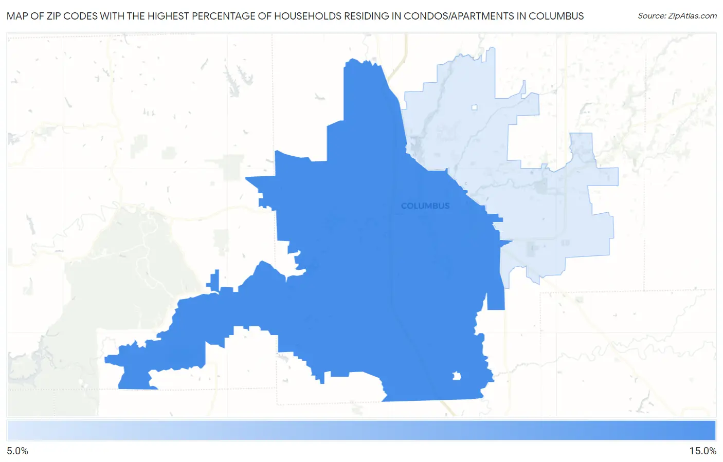 Zip Codes with the Highest Percentage of Households Residing in Condos/Apartments in Columbus Map
