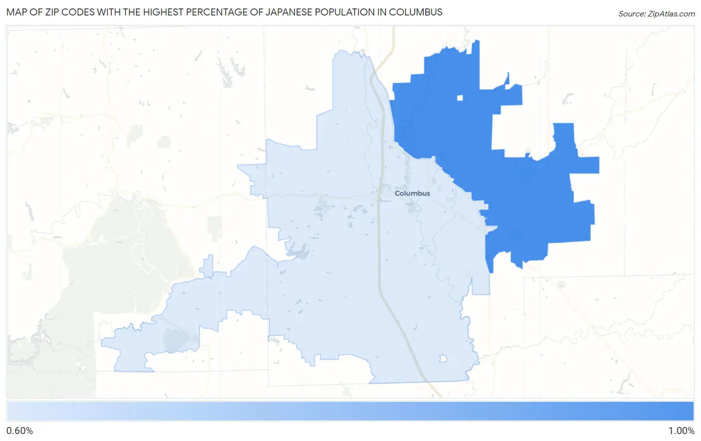 Zip Codes with the Highest Percentage of Japanese Population in Columbus Map