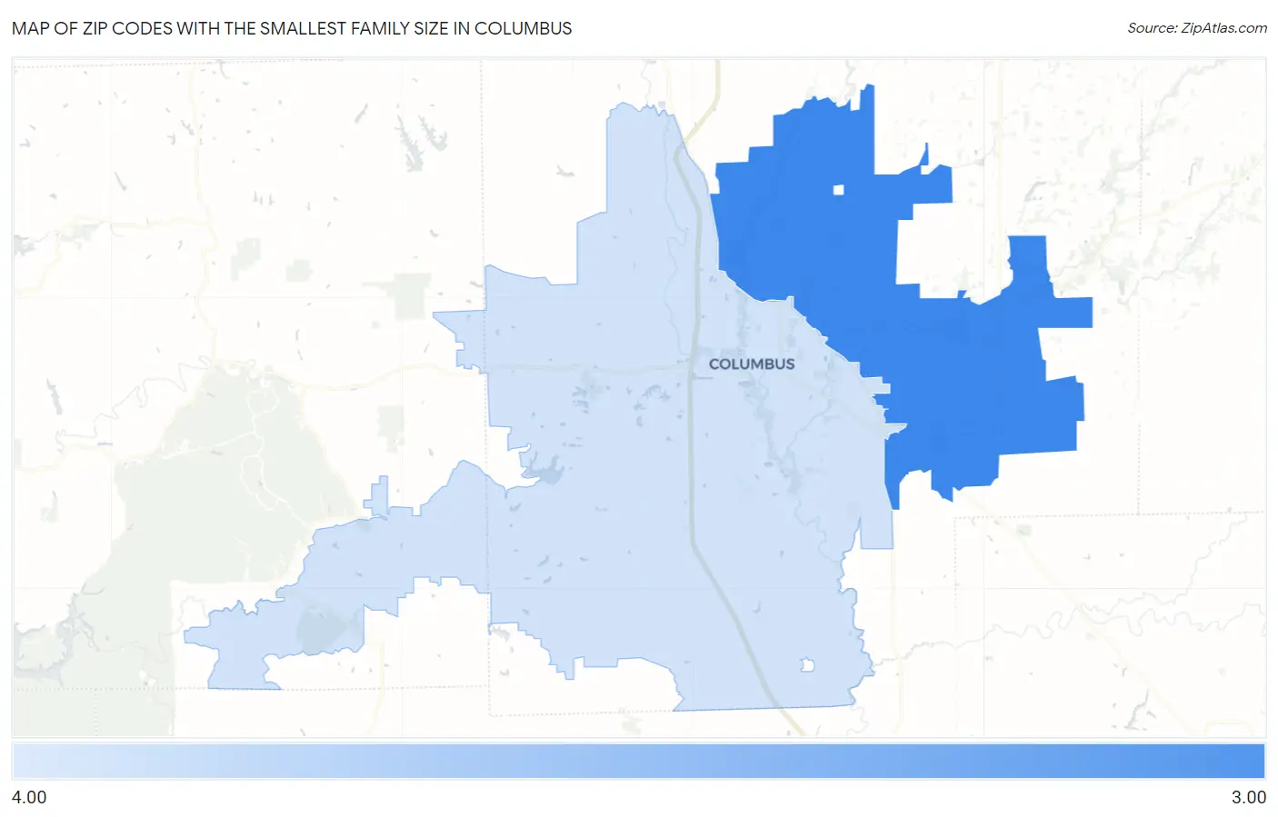 Zip Codes with the Smallest Family Size in Columbus Map