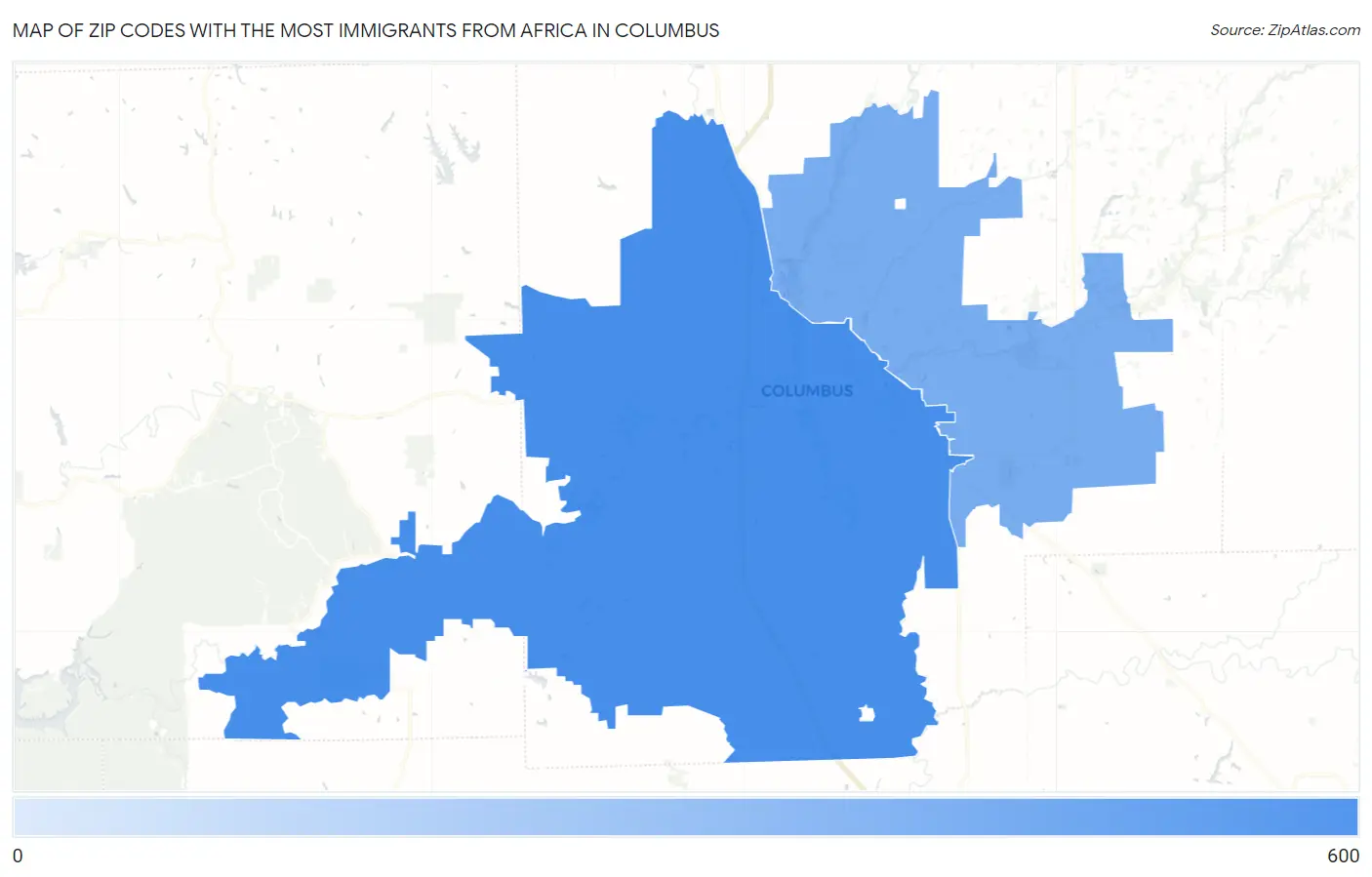 Zip Codes with the Most Immigrants from Africa in Columbus Map