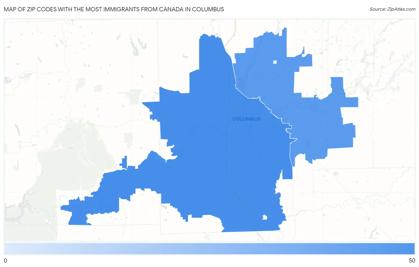 Zip Codes with the Most Immigrants from Canada in Columbus Map