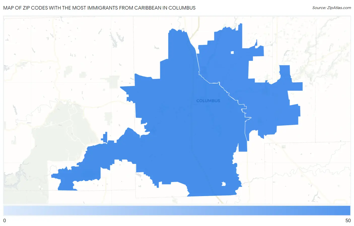 Zip Codes with the Most Immigrants from Caribbean in Columbus Map