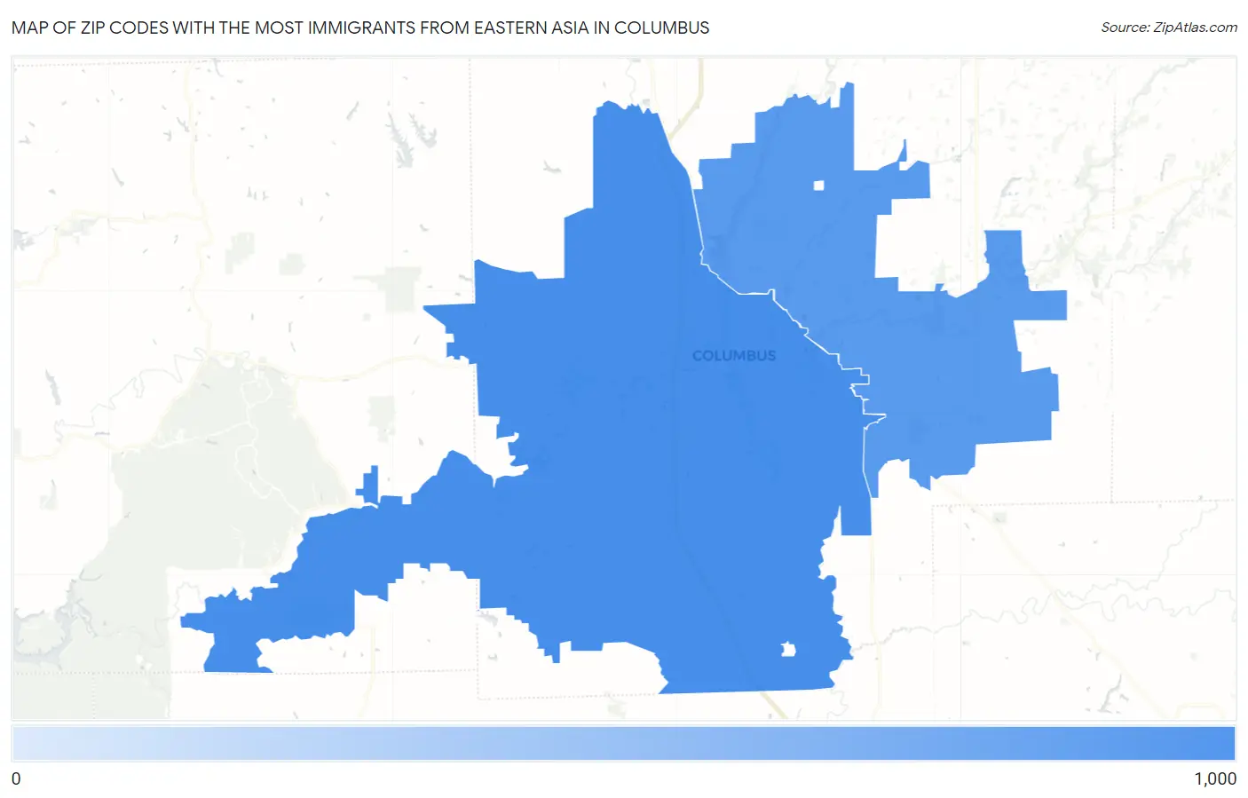 Zip Codes with the Most Immigrants from Eastern Asia in Columbus Map