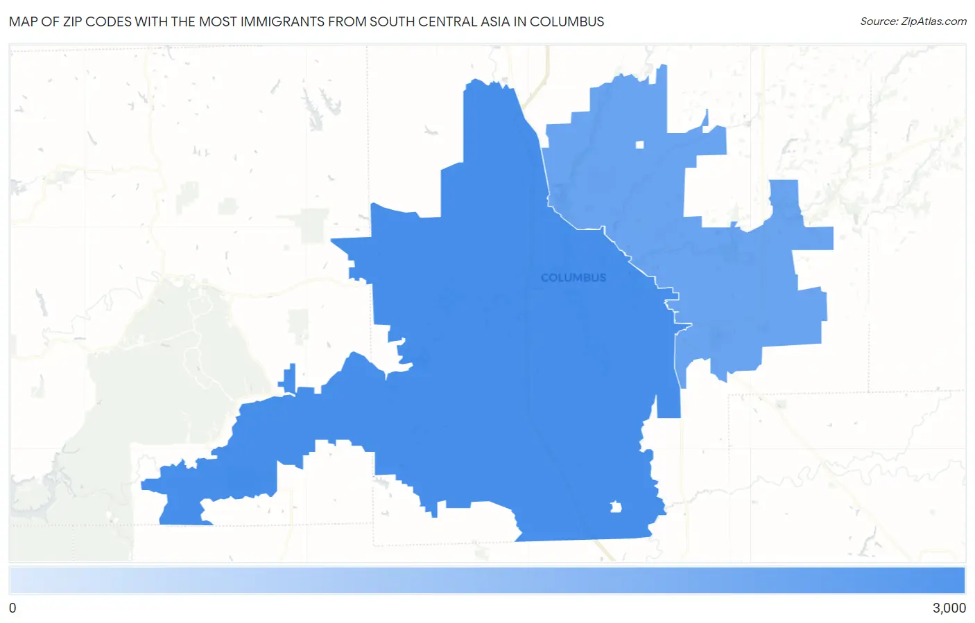Zip Codes with the Most Immigrants from South Central Asia in Columbus Map