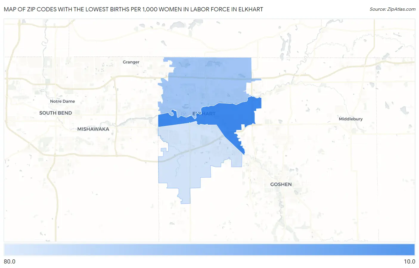 Zip Codes with the Lowest Births per 1,000 Women in Labor Force in Elkhart Map
