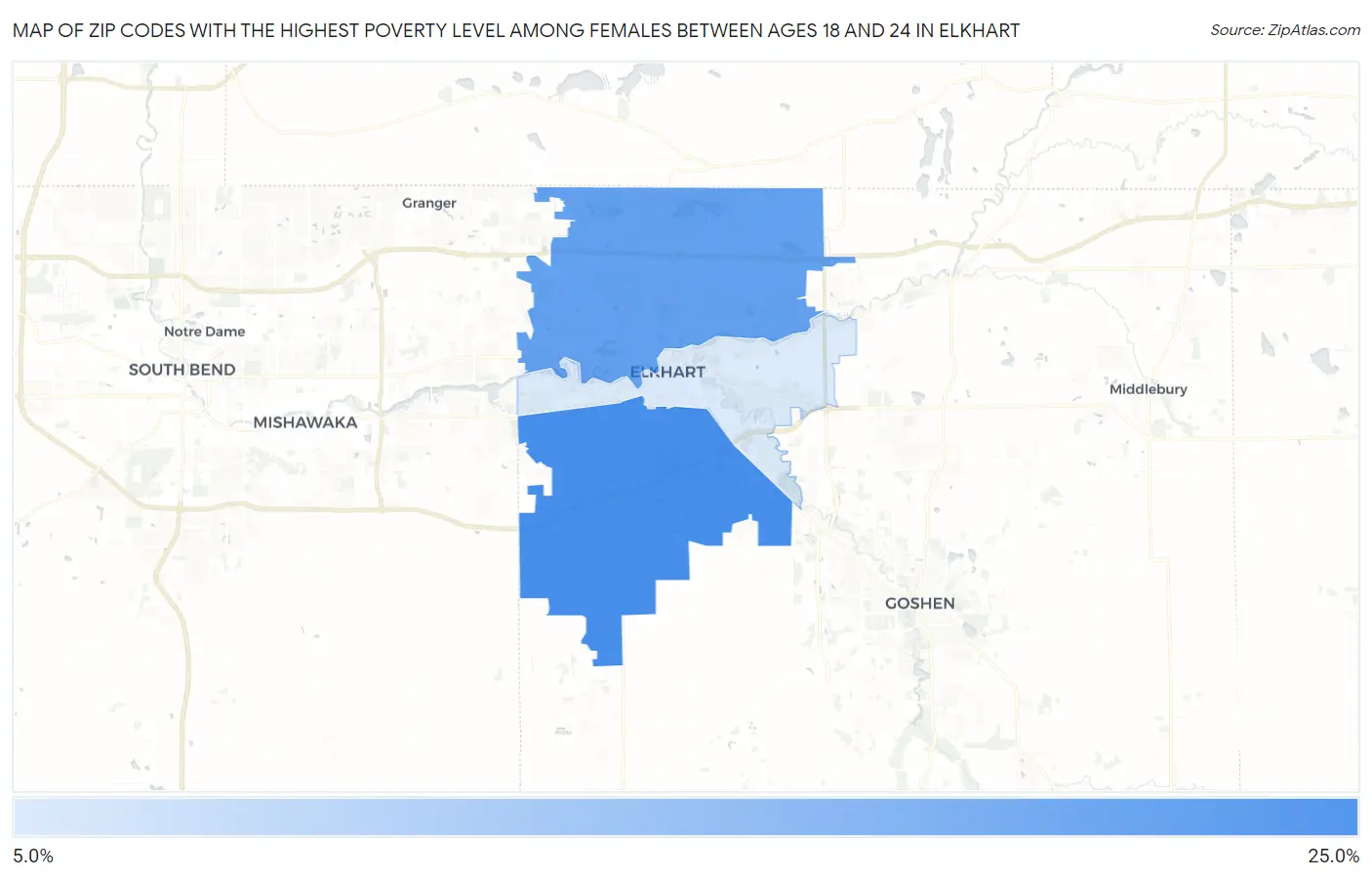 Zip Codes with the Highest Poverty Level Among Females Between Ages 18 and 24 in Elkhart Map