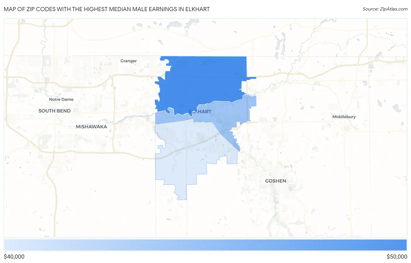 Zip Codes with the Highest Median Male Earnings in Elkhart Map