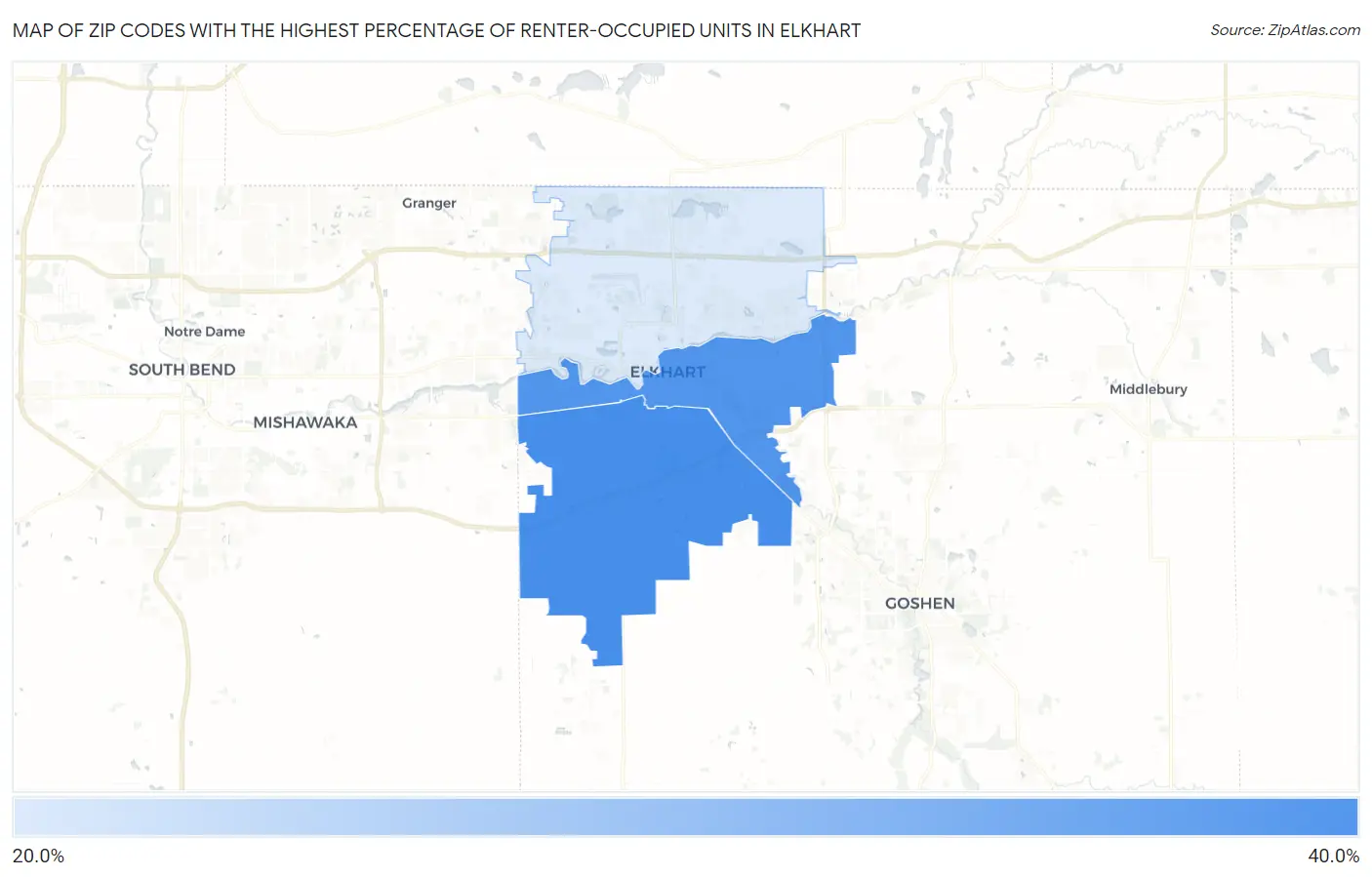 Zip Codes with the Highest Percentage of Renter-Occupied Units in Elkhart Map
