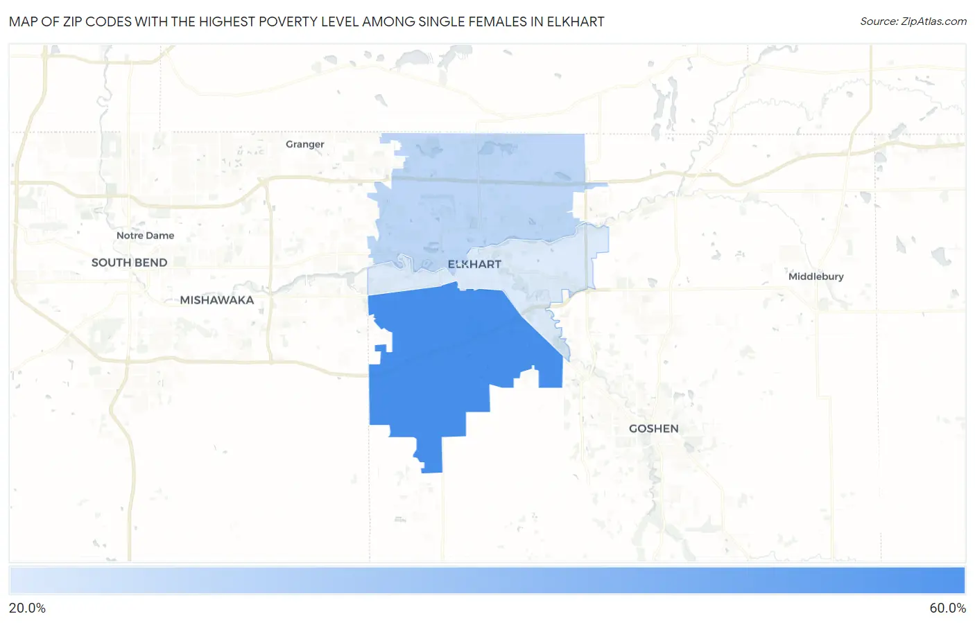 Zip Codes with the Highest Poverty Level Among Single Females in Elkhart Map