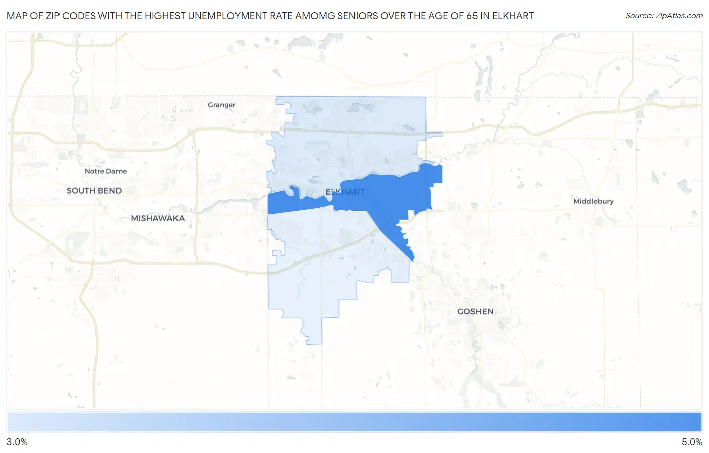 Zip Codes with the Highest Unemployment Rate Amomg Seniors Over the Age of 65 in Elkhart Map