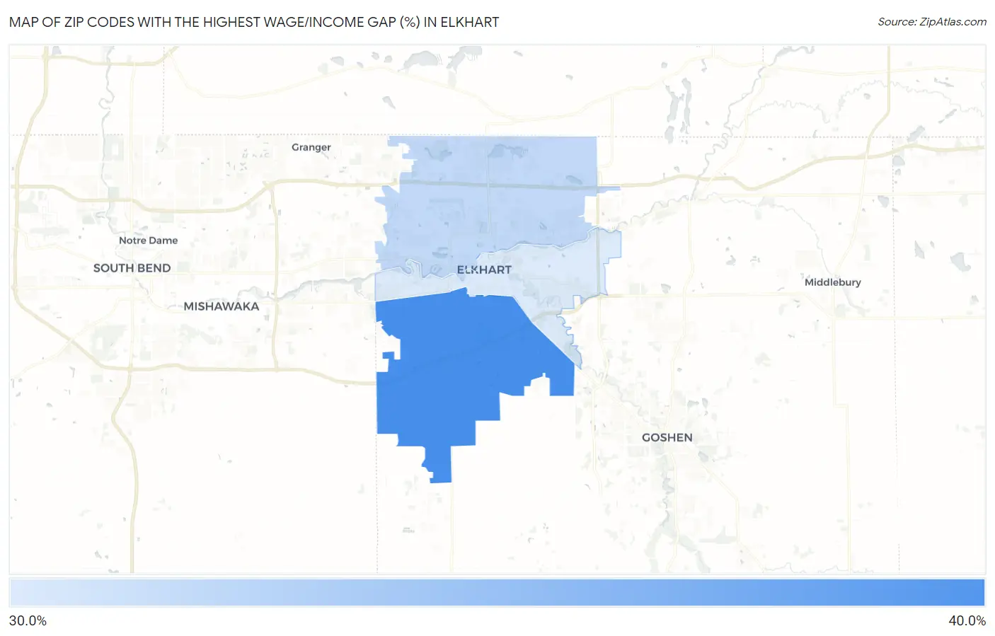 Zip Codes with the Highest Wage/Income Gap (%) in Elkhart Map