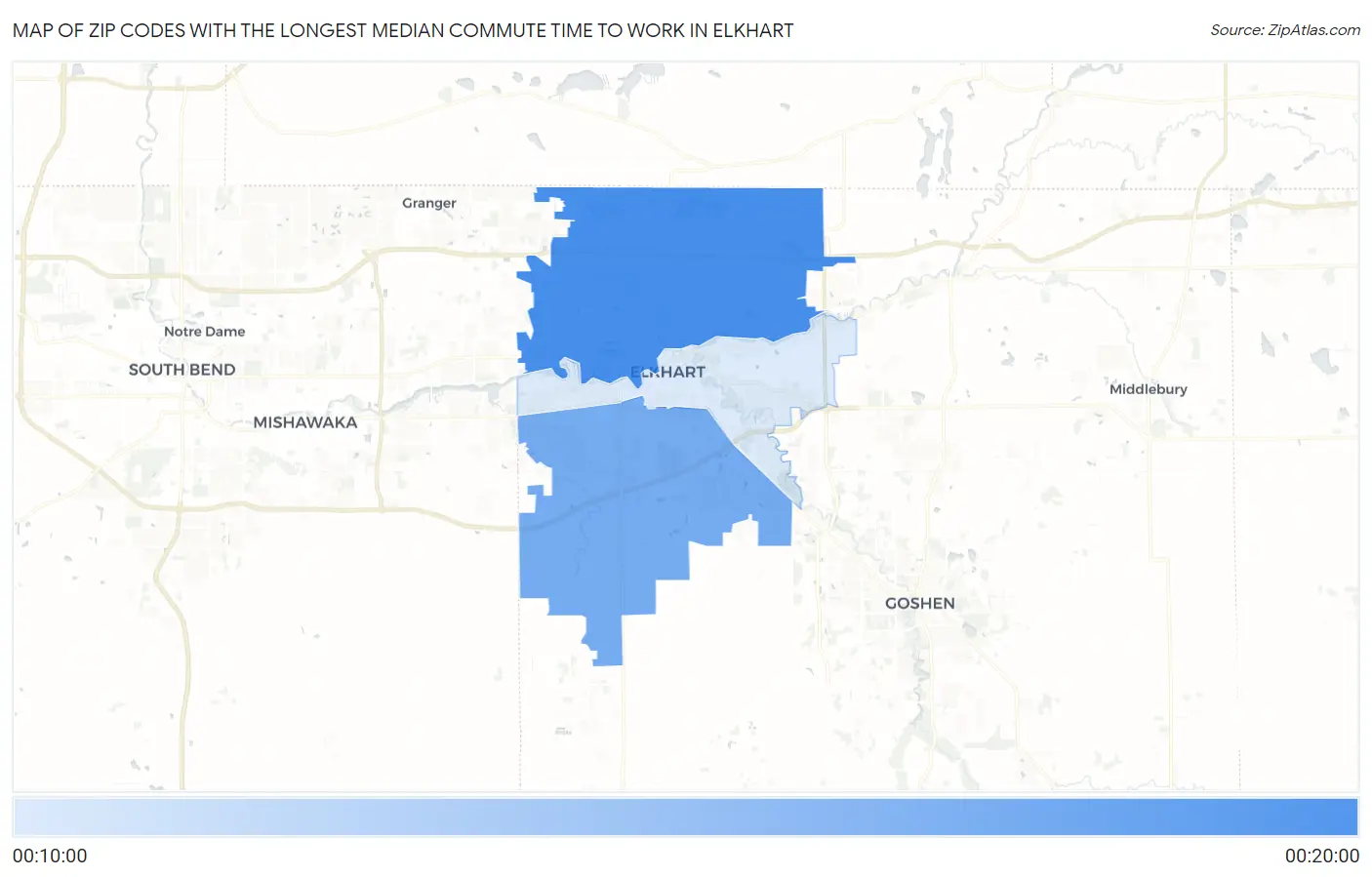 Zip Codes with the Longest Median Commute Time to Work in Elkhart Map