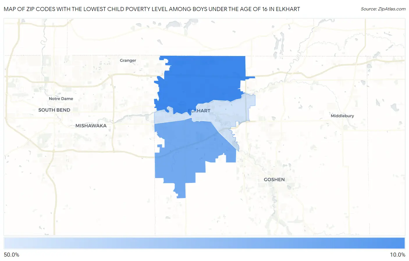 Zip Codes with the Lowest Child Poverty Level Among Boys Under the Age of 16 in Elkhart Map