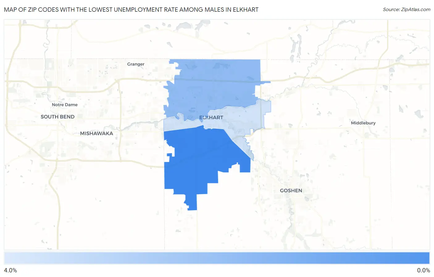 Zip Codes with the Lowest Unemployment Rate Among Males in Elkhart Map