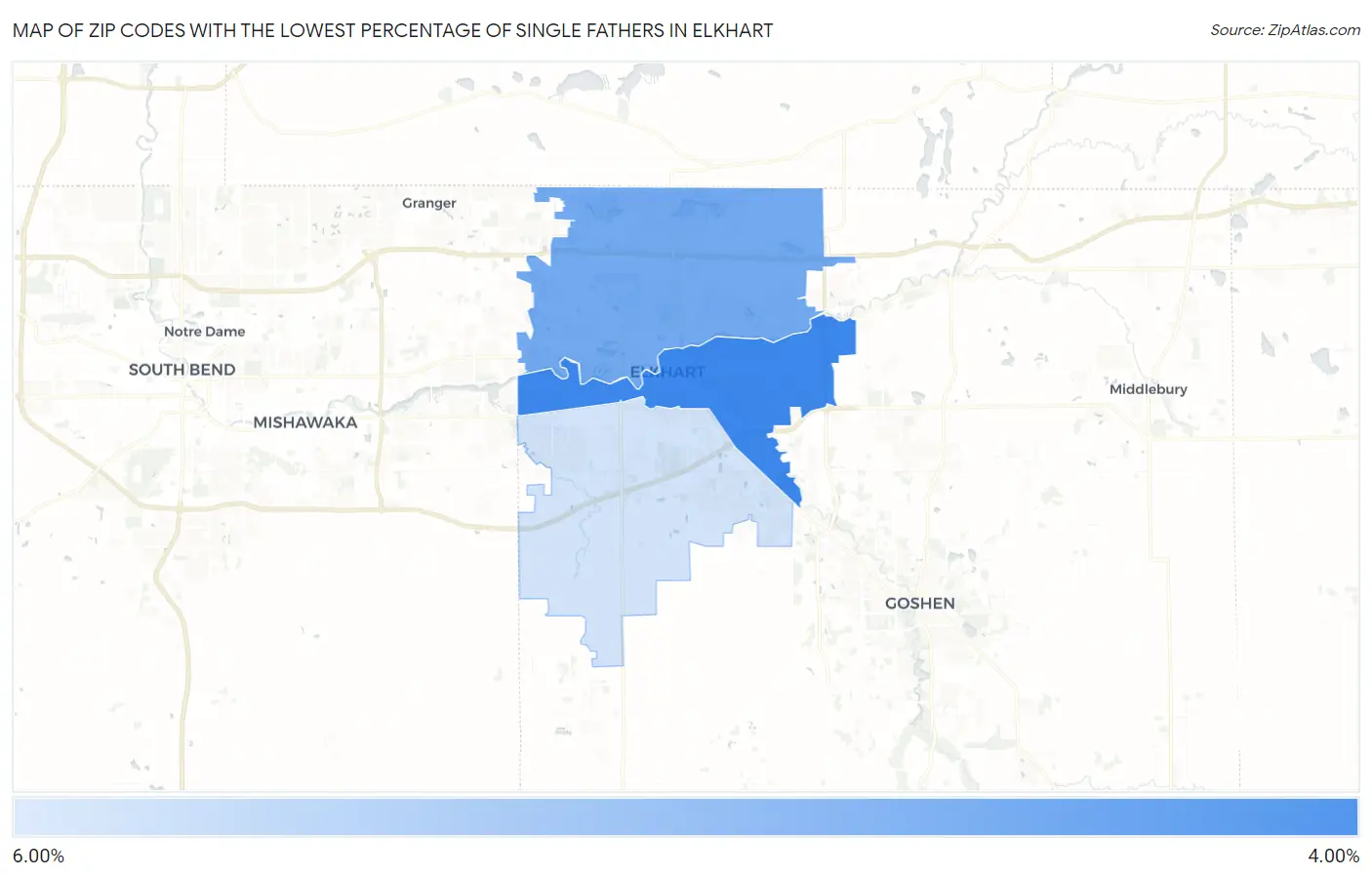 Zip Codes with the Lowest Percentage of Single Fathers in Elkhart Map