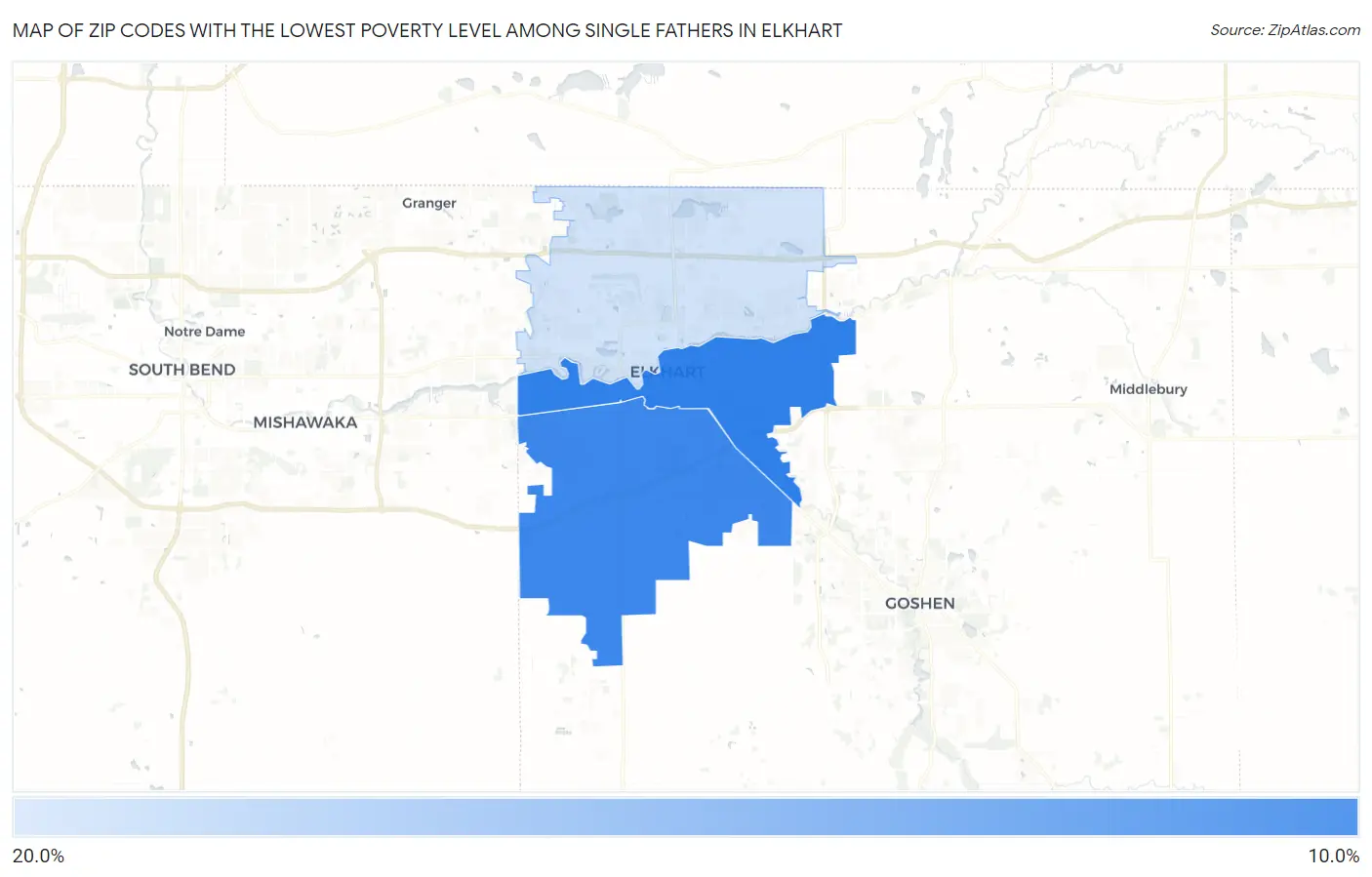 Zip Codes with the Lowest Poverty Level Among Single Fathers in Elkhart Map